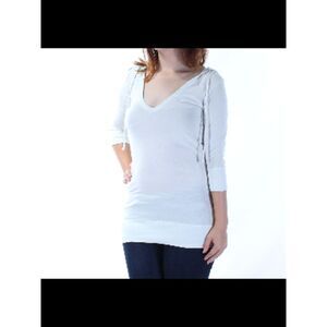 SWEET T Womens Ivory Hood 3/4 Sleeve V Neck Tunic Top Size: S